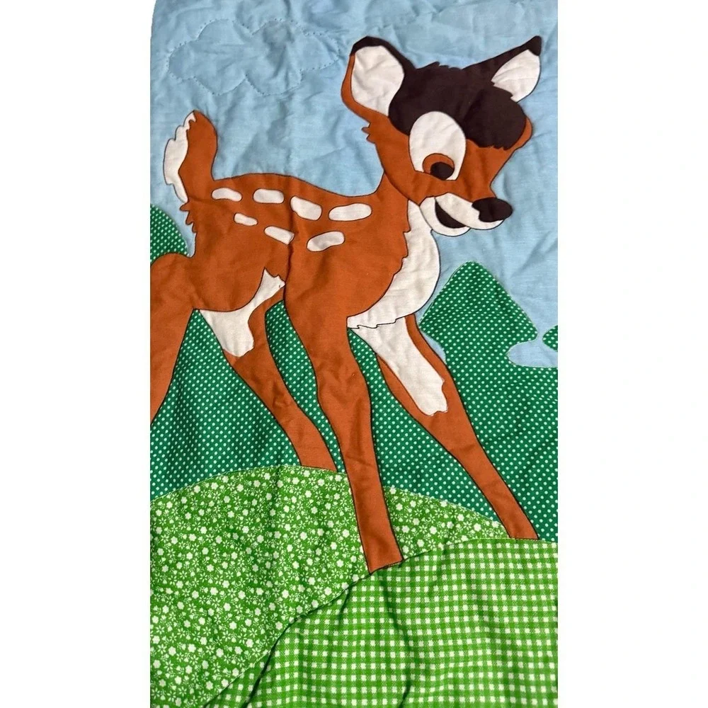 Vintage Disney Bambi Baby Quilt Applique Nursery Blanket Green Gingham Floral